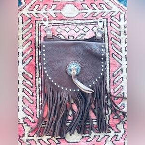 Fringed Brown Leather Belt Bag with Concho Accent